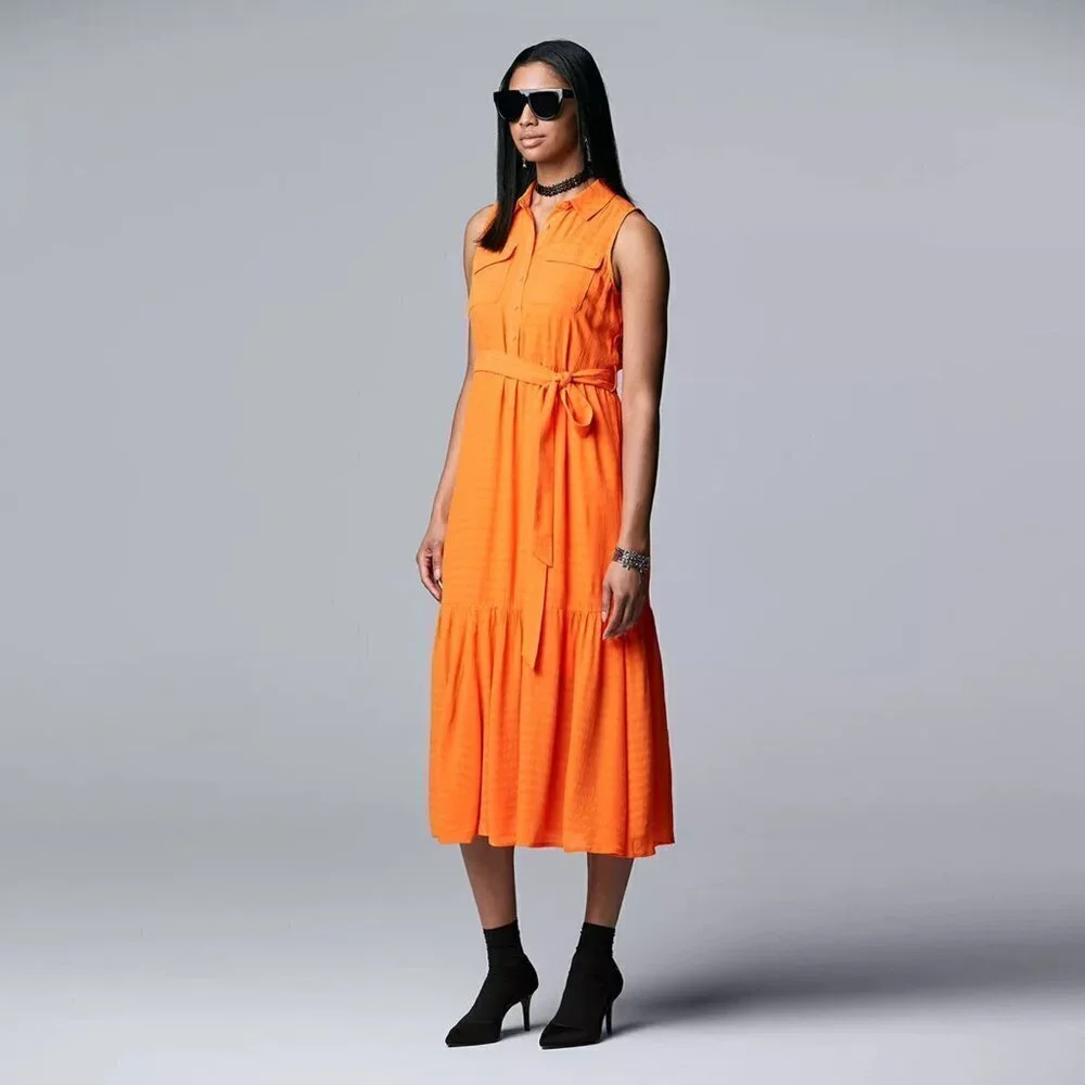 Simply Vera Wang Women Orange Sleeveless Button Front Shirt Midi Dress Sz XL New - Picture 3 of 9
